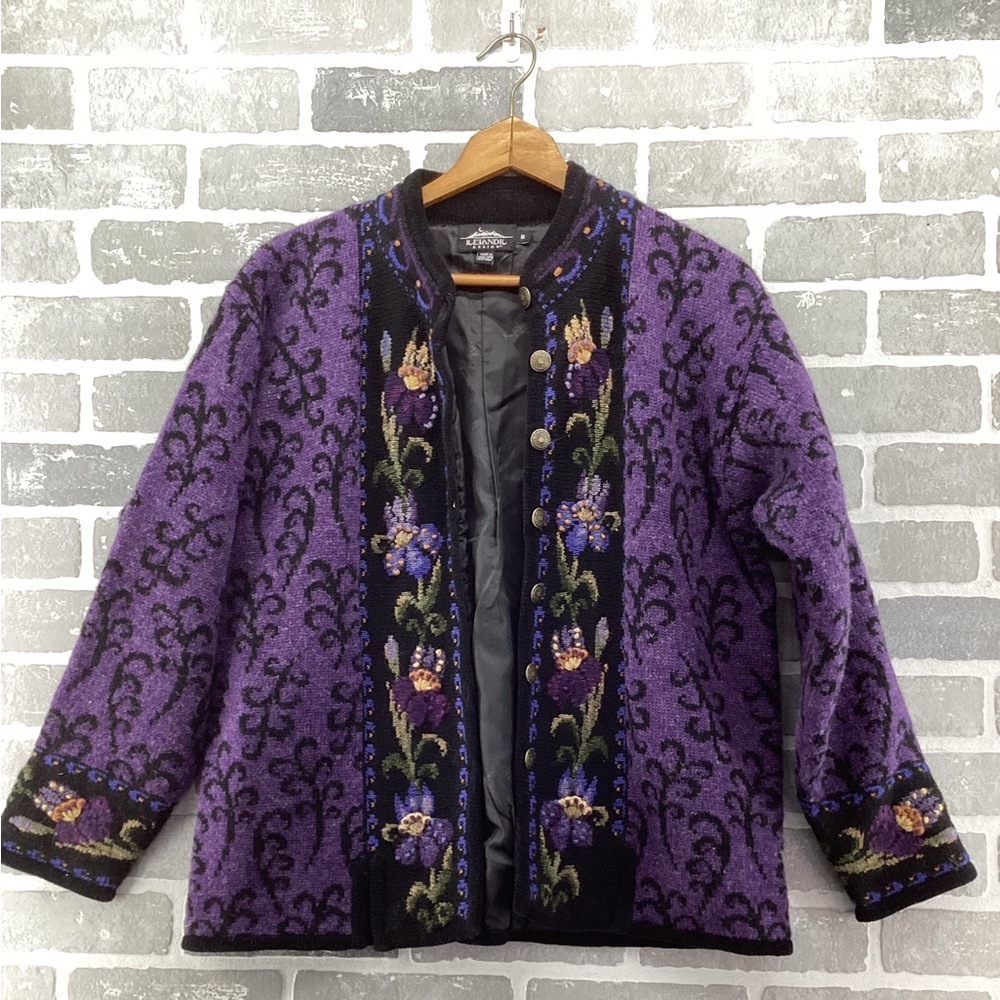 Icelandic Design purple and black wool lined cardigan size M